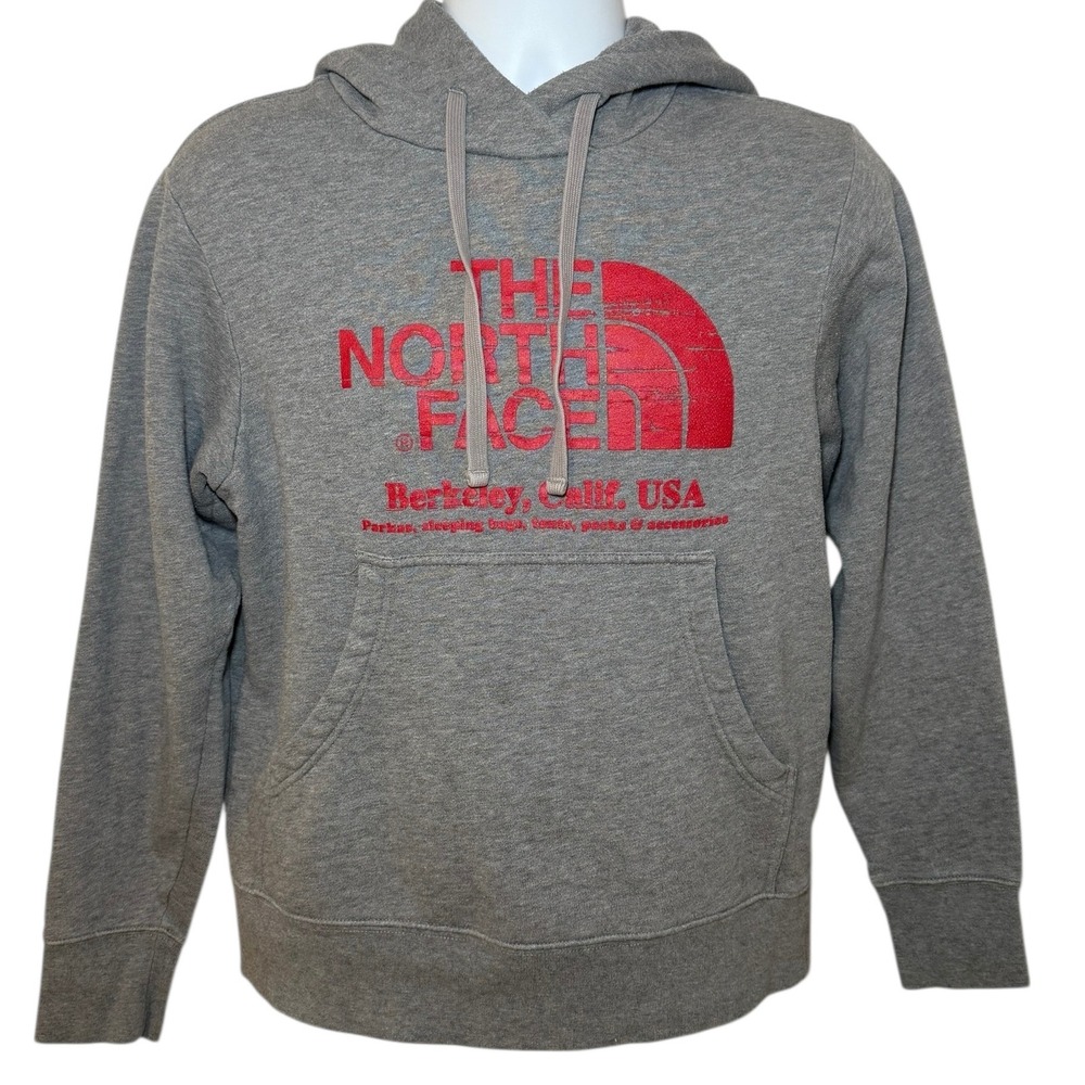 The North Face Berkeley Calif USA Gray Red Logo Hoodie Sweatshirt Mens Small